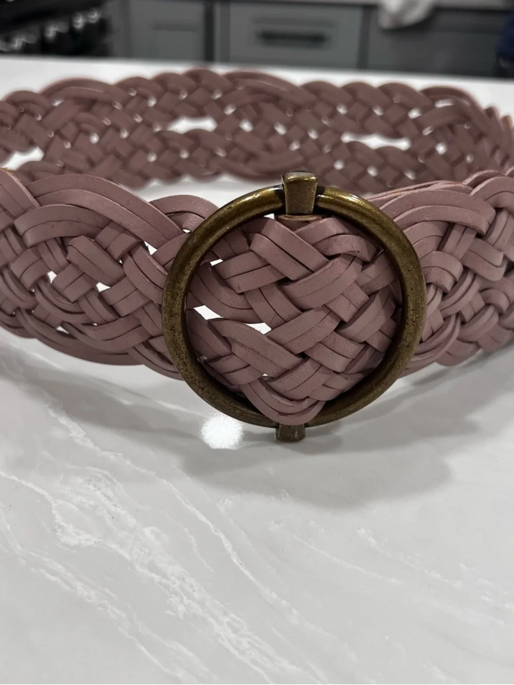 Talbots Woven Leather Belt with Round Brass Tone Buckle Dusty Mauve Bohemian S